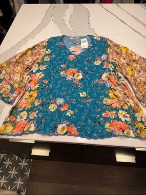 Johnny Was Teal Floral V-Neck Tunic with Peach Floral Bell Sleeves NWT